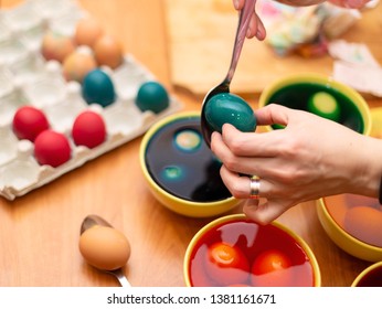 Easter Egg Dying Process, Bowls With Colored Paint With Eggs For Painting