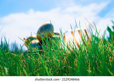 Easter Egg Hunt. Golden Egg With Yellow Spring Flowers In Celebration Basket On Green Grass Background. Easter Hunt Concept