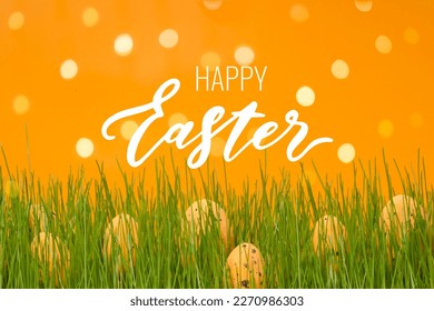 Easter egg hunt postcard with Happy Easter lettering. Decorated Easter orange eggs in grass. Banner or flyer with copy space for text.