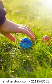 Easter Egg Hunt.Child Hand Collect Eggs In The Spring Garden. Collecting Easter Eggs. Colorful Easter Eggs. Easter Holiday Tradition