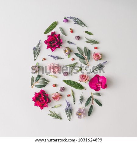 Similar – Image, Stock Photo Easter egg shape flower pattern, creative background, easter blooming primrose decoration abstract arrangement, spring concept, easter concept.