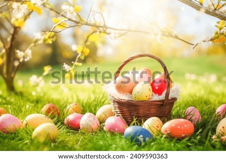 Easter eggs in basket on green grass at sunny day