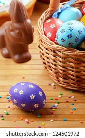 Easter Eggs, Cake, Basket And Chocolate Bunny