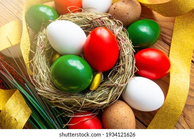 Easter eggs as the color of the Italian flag - green, white, red. Happy Easter holiday card - Shutterstock ID 1934121626