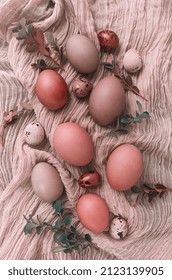 Easter Eggs , Coral Tone, On Beige Fabric, Top View, Vertical, No People, Easter Card,