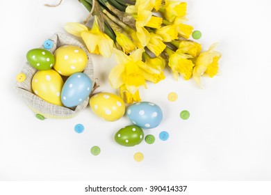 Easter eggs decorated with yellow daffodil flowers - Powered by Shutterstock