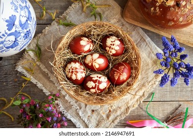 Easter eggs dyed with onion peels with spring flowers and mazanec - traditional Czech sweet Easter pastry, top view