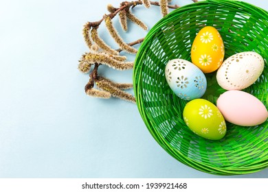 Easter - Easter eggs in a green basket. Around it is a spring twig with jiva flowers.