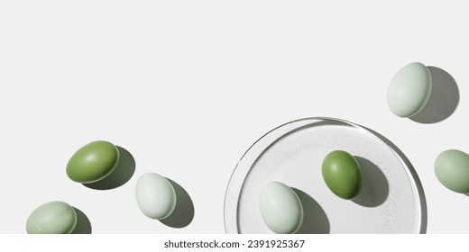 Easter eggs green gradient color on glass plate, shadow at sunlight, light background, wide banner with empty space. Chicken eggs with colored eggshells, holiday food Easter, top view, trend flat lay