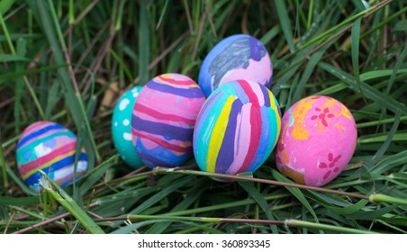 Easter eggs in Green Grass. Selective focus.