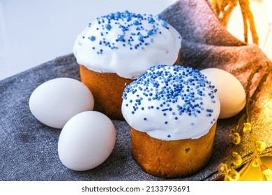 Easter Eggs. Happy Day Bright Easter. Orthodox Easter Holiday. Traditional Food. Creative Stylish Trend Homemade Easter Cake. Selective Focus