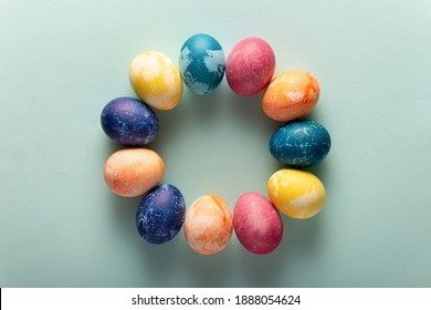 Easter eggs in minimal style blue background  Easter concept  Flat layout
