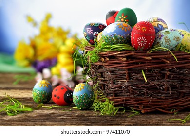 Easter eggs and  natural wooden country table, background and texture - Powered by Shutterstock