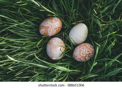 Easter eggs on green grass 