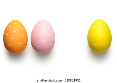 Easter Eggs On White Background. Easter Concept. Top View