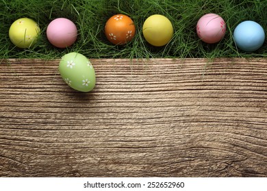 Easter Eggs On Wood Background. Spring Holidays Concept