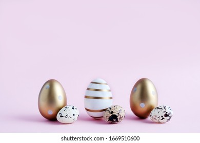 Easter eggs painted with gold paint in different patterns are on a pink background and next to three quail eggs. Easter. Place for text - Powered by Shutterstock