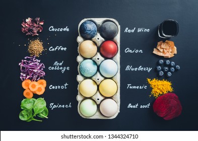 Easter eggs painted with natural egg dye from fruits and vegetables. Homemade naturally dyed Easter eggs with ingredients.