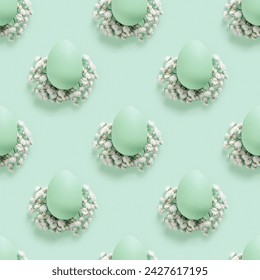 Easter Eggs seamless pattern with White Gypsophila flowers on Light mint Background. Monochrome photo with Pastel colored dyed eggs, spring holiday photo, soft hues, celebration food, white blooms  - Powered by Shutterstock