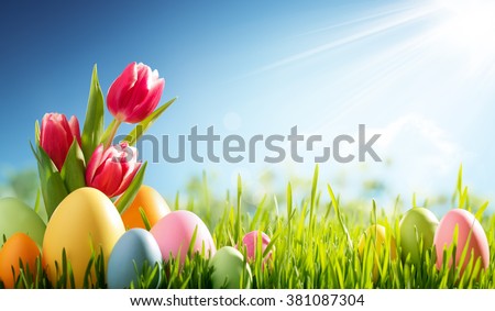 Easter eggs and tulip on meadow