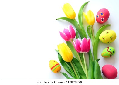 Easter Eggs And Tulips