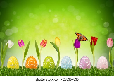 easter eggs and tulips in front of green background
