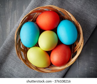 Easter Eggs In A Wicker Basket, Top View