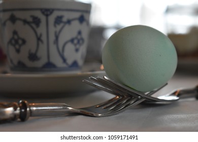 Easter Family Brunch; Table Setting In Stylish Pastel Green And Blue