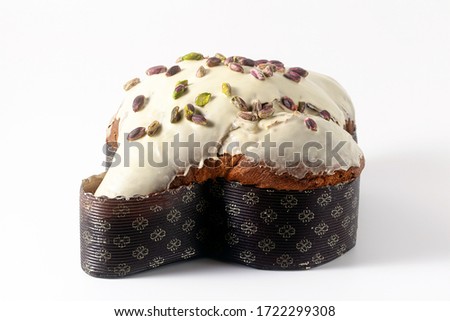 Easter festive sweet italian Bread Colomba with pistachio cream isolated on white