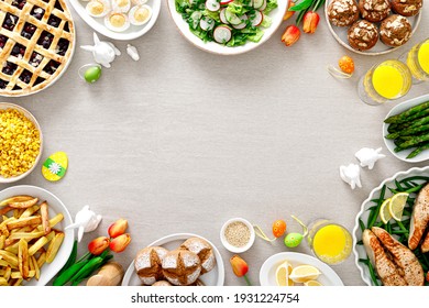 Easter Festive Table With Salmon, Asparagus, Salad, Potato, Muffins And Berry Pie