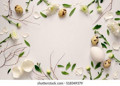 Easter Floral Background, Various Eggs End Egg Shell Decorated With Natural Botanical Elements, Flat Lay, View From Above, Blank Space For Greeting Text