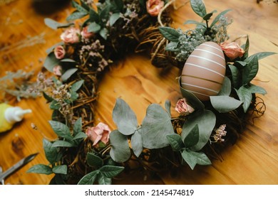 Easter Flower Wreath. DIY Spring Home Decoration. 