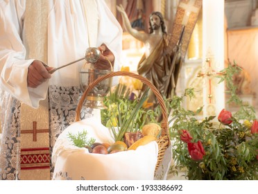 Easter Food Basket For Blessing In Church, Catholic Eastern European Custom With Eggs, Spring Onion, Ham And Bread