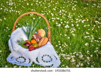 Easter Food Basket For Blessing In Church, Catholic Eastern European Custom With Eggs, Spring Onion, Ham And Bread