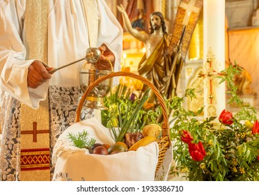 Easter Food Basket For Blessing In Church, Catholic Eastern European Custom With Eggs, Spring Onion, Ham And Bread