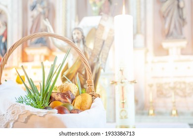 Easter Food Basket For Blessing In Church, Catholic Eastern European Custom With Eggs, Spring Onion, Ham And Bread, Artistic Edit