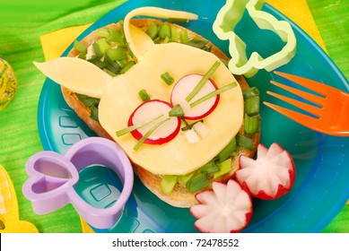 Easter Funny Sandwich With  Bunny For Child`s Breakfast