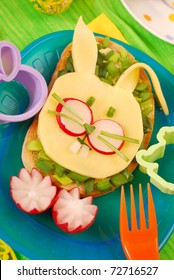 Easter Funny Sandwich With  Bunny For Child`s Breakfast