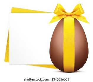 Easter Gift Card With Chocolate Easter Egg With Golden Ribbon Bow Isolated On White Background