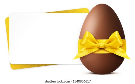 Easter Gift Card With Chocolate Easter Egg With Golden Ribbon Bow Isolated On White Background