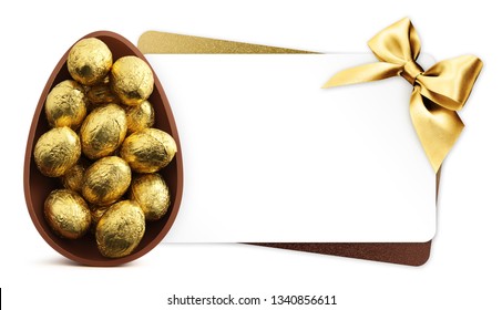 Easter Gift Card With Chocolate Easter Eggs With Golden Ribbon Bow Isolated On White Background