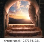 Easter and Good Friday concept, Cave with mountain autumn sunset background