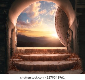 Easter and Good Friday concept, Cave with mountain autumn sunset background - Shutterstock ID 2279341961