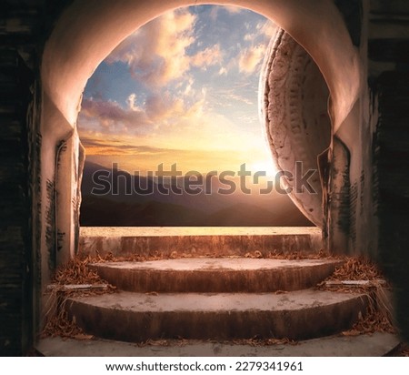 Easter and Good Friday concept, Cave with mountain autumn sunset background