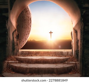 Easter and Good Friday concept, Empty tombstone with cross on mountain sunrise background - Shutterstock ID 2278881849