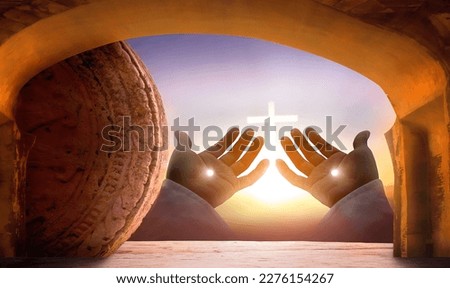 Easter and Good Friday concept, Nail marks hands of Christ Jesus on empty tomb background