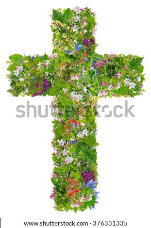 Easter green spring cross of Jesus in my heart concept. Collage from springs plants branches and flowers. Isolated. You can find all the full sized images in my portfolio.