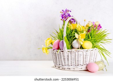 Easter greeting card background, banner format. Festive white basket with green grass, spring flowers bouquet, colorful Easter eggs, woman hands in picture take basket side view
