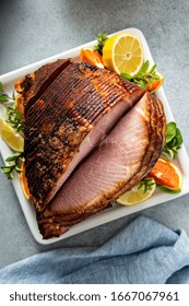 Easter Ham Brown Sugar Glazed Spiral Cut On The Brunch Table Overhead