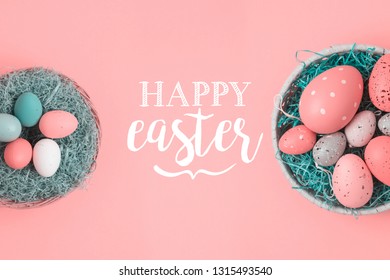 Easter Holiday Background With Easter Eggs In Basket Decorations. Top View From Above. Flat Lay